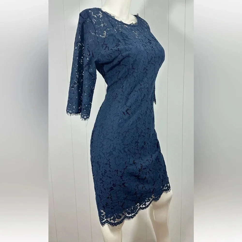 MEROKEETY 3/4 Sleeve Lace Floral Cocktail Dress navy blue sz L (12) - Picture 3 of 8